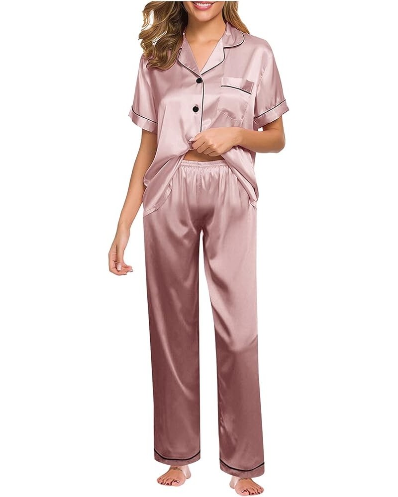 Women Silk Satin Pajamas Set Button-Down Two-Piece Pj Sets Slips Sleepwear M-5XL,Women's Lingerie, Sleep & Lounge Pink $5.19 ...