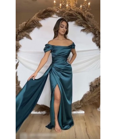 Off Shoulder Satin Bridesmaid Dresses Long Formal Gown for Wedding Ruched Prom Dress with Slit White $43.99 Dresses