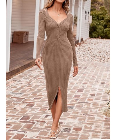 Women's V Neck Long Sleeve Midi Sweater Dress 2023 Fall Causal Sexy Side Slit Knit Ribbed Bodycon Dresses Khaki $14.49 Sweaters