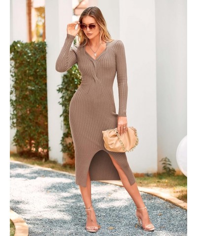 Women's V Neck Long Sleeve Midi Sweater Dress 2023 Fall Causal Sexy Side Slit Knit Ribbed Bodycon Dresses Khaki $14.49 Sweaters