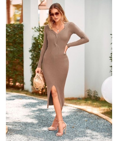 Women's V Neck Long Sleeve Midi Sweater Dress 2023 Fall Causal Sexy Side Slit Knit Ribbed Bodycon Dresses Khaki $14.49 Sweaters