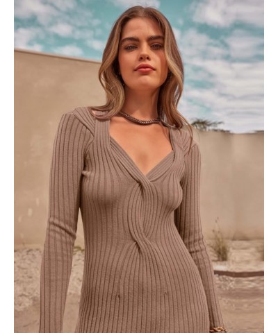 Women's V Neck Long Sleeve Midi Sweater Dress 2023 Fall Causal Sexy Side Slit Knit Ribbed Bodycon Dresses Khaki $14.49 Sweaters