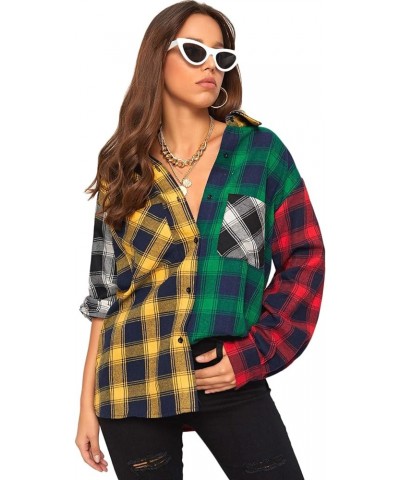 Women's Long Sleeve Collar Long Button Down Plaid Shirt Blouse Tops Yellow Green $14.49 Blouses