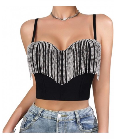 Women's Shiny Rhinestone Tassel Bustier Top Sleeveless Back Buckle Cami Corset Tops Rave Crop Top Clubwear Black $22.67 Tops