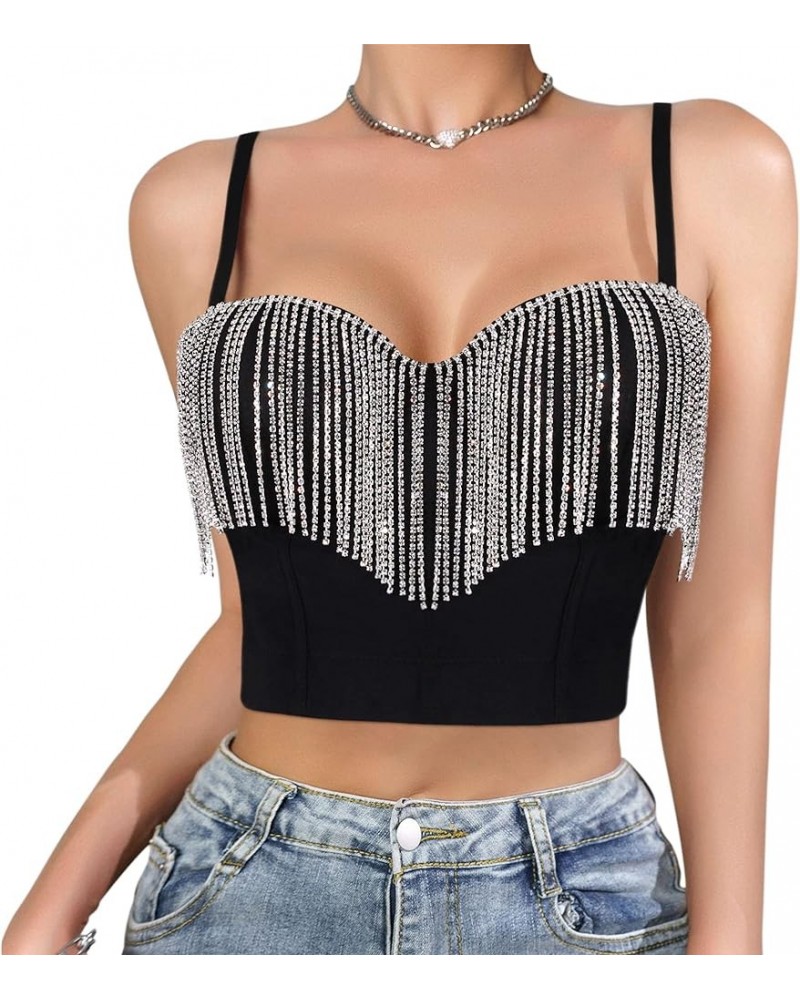 Women's Shiny Rhinestone Tassel Bustier Top Sleeveless Back Buckle Cami Corset Tops Rave Crop Top Clubwear Black $22.67 Tops