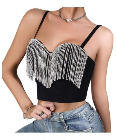 Women's Shiny Rhinestone Tassel Bustier Top Sleeveless Back Buckle Cami Corset Tops Rave Crop Top Clubwear Black $22.67 Tops