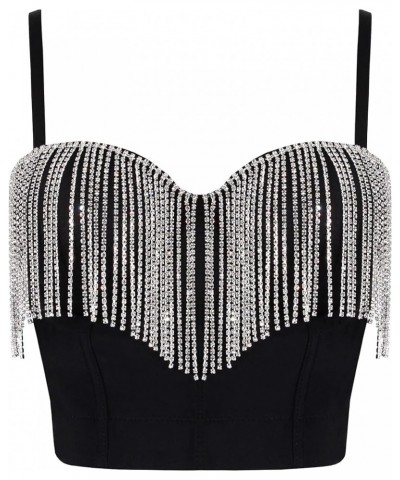 Women's Shiny Rhinestone Tassel Bustier Top Sleeveless Back Buckle Cami Corset Tops Rave Crop Top Clubwear Black $22.67 Tops