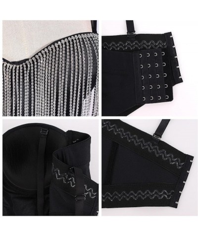 Women's Shiny Rhinestone Tassel Bustier Top Sleeveless Back Buckle Cami Corset Tops Rave Crop Top Clubwear Black $22.67 Tops