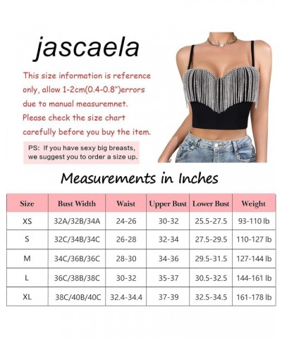 Women's Shiny Rhinestone Tassel Bustier Top Sleeveless Back Buckle Cami Corset Tops Rave Crop Top Clubwear Black $22.67 Tops