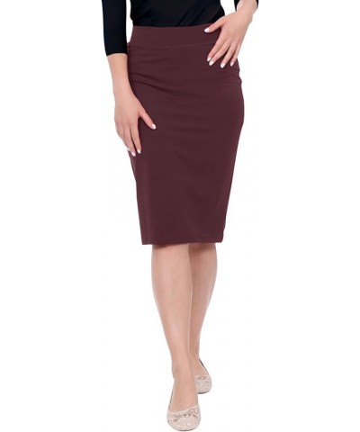 Women's Modest Knee-Length Fitted Lightweight Cotton Spandex Pencil Skirt Aubergine $12.08 Skirts