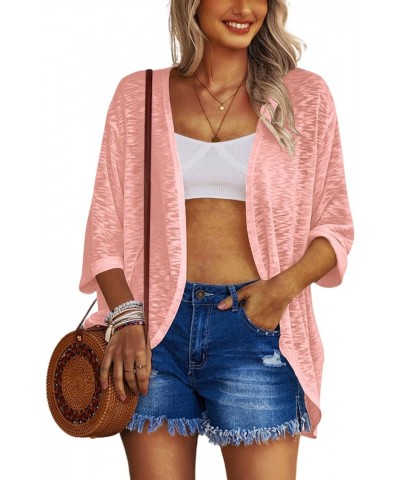 Womens Lightweight Cardigan Open Front 3/4 Sleeve Casual Loose Fit Beach Cover Up Coral $15.30 Sweaters