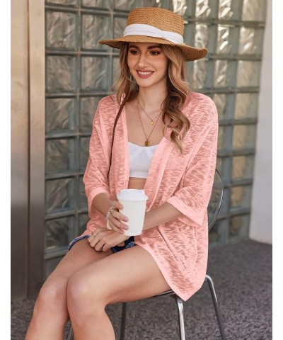 Womens Lightweight Cardigan Open Front 3/4 Sleeve Casual Loose Fit Beach Cover Up Coral $15.30 Sweaters