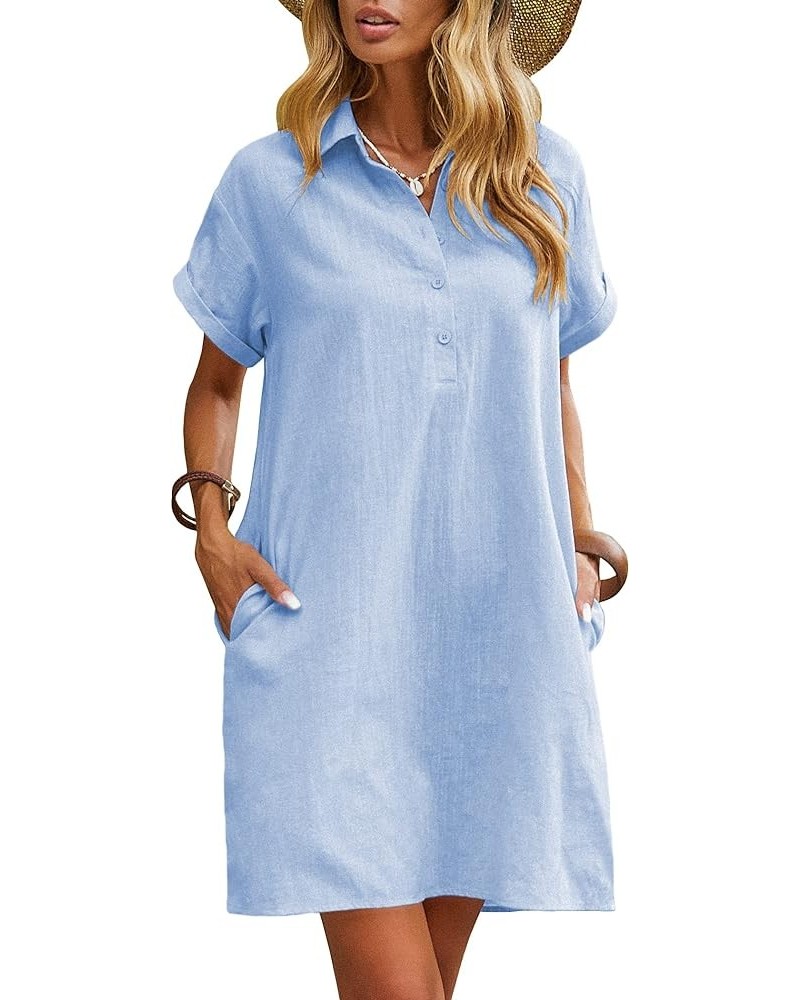 Womens Cotton Shirt Dress Summer Casual Short Sleeve Button Down Beach Cover Up Shirts with Pockets Light Blue $20.99 Dresses