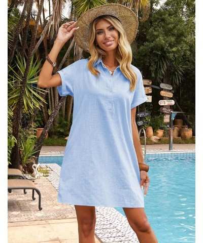 Womens Cotton Shirt Dress Summer Casual Short Sleeve Button Down Beach Cover Up Shirts with Pockets Light Blue $20.99 Dresses