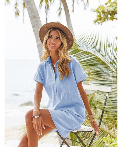 Womens Cotton Shirt Dress Summer Casual Short Sleeve Button Down Beach Cover Up Shirts with Pockets Light Blue $20.99 Dresses