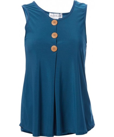 Women's Petite Sleeveless Button Front Flowy Tank Top with Pleated Detail Teal $7.58 Blouses