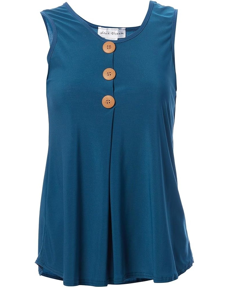 Women's Petite Sleeveless Button Front Flowy Tank Top with Pleated Detail Teal $7.58 Blouses