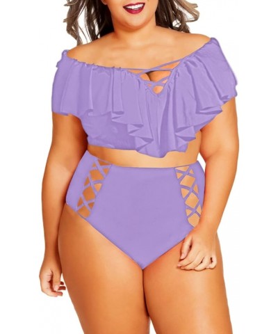 Women Plus Size Ruffles High Waisted Swimsuit Bikini Sets Bathing Suit Purple $19.60 Swimsuits