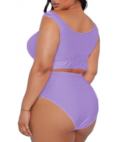 Women Plus Size Ruffles High Waisted Swimsuit Bikini Sets Bathing Suit Purple $19.60 Swimsuits