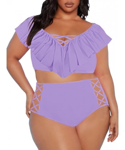 Women Plus Size Ruffles High Waisted Swimsuit Bikini Sets Bathing Suit Purple $19.60 Swimsuits