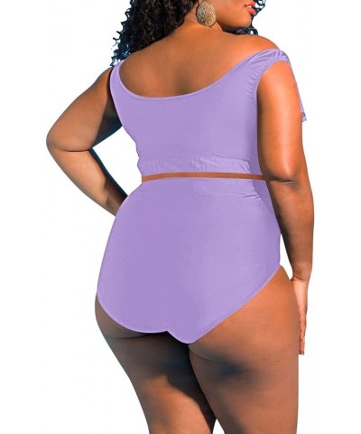 Women Plus Size Ruffles High Waisted Swimsuit Bikini Sets Bathing Suit Purple $19.60 Swimsuits