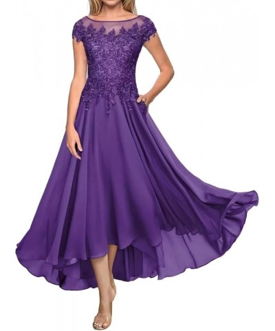 Tea Length Mother of The Bride Dresses A Line Chiffon Lace Applique Formal Evening Dress for Women Wedding Guest Purple $44.5...