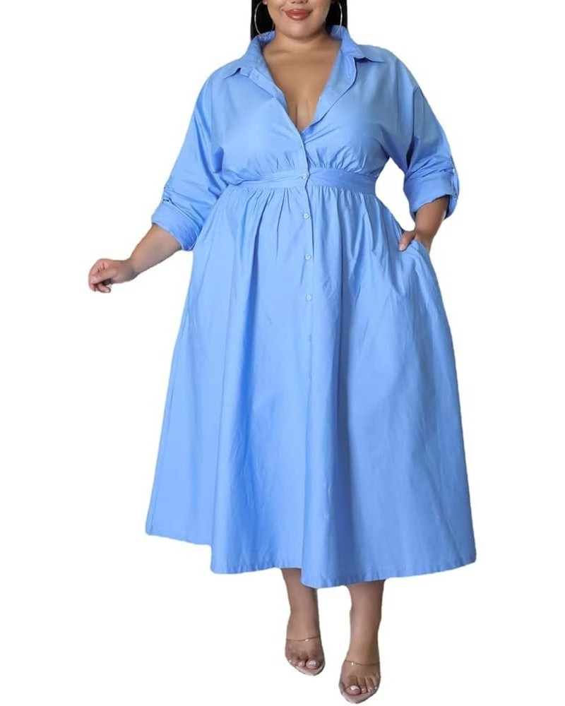 Women's Sexy Plus Size Lapel Shirt Dresses Mesh See Through Puff Short Sleeve Flowy Swing Dress Clubwear 5503-blue $16.10 Dre...