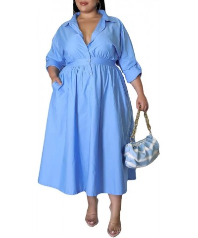 Women's Sexy Plus Size Lapel Shirt Dresses Mesh See Through Puff Short Sleeve Flowy Swing Dress Clubwear 5503-blue $16.10 Dre...