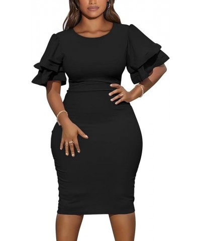 Women's Elegant Bodycon Ruffle Short Sleeve Cocktail Midi Pencil Dress Black $17.76 Dresses