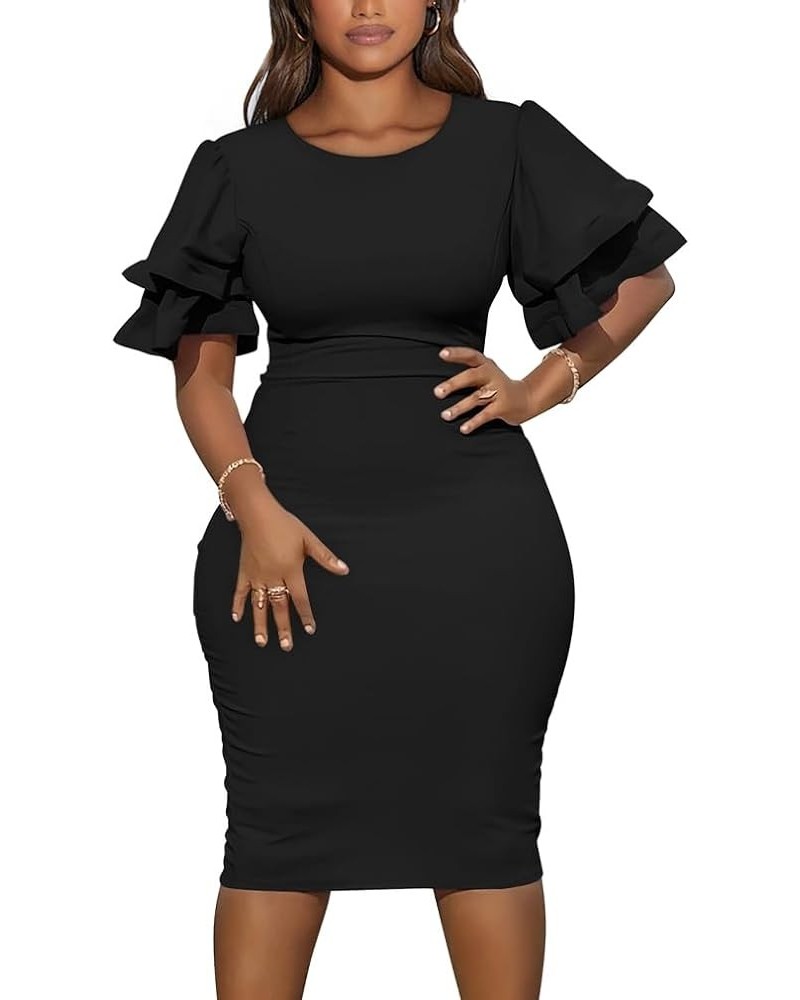 Women's Elegant Bodycon Ruffle Short Sleeve Cocktail Midi Pencil Dress Black $17.76 Dresses