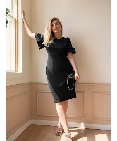 Women's Elegant Bodycon Ruffle Short Sleeve Cocktail Midi Pencil Dress Black $17.76 Dresses