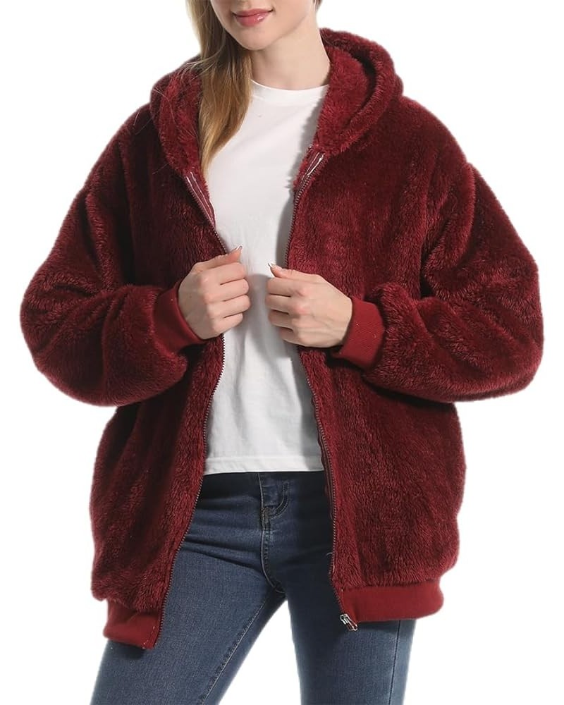 Women Fashion Jacket Zip up Hoodies Cotton Fuzzy Fleece Sherpa Coat with Pockets Burgundy $15.06 Jackets