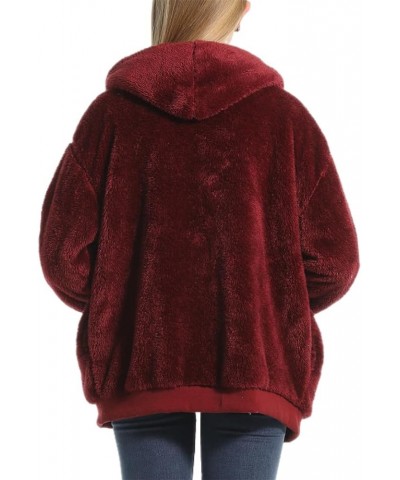 Women Fashion Jacket Zip up Hoodies Cotton Fuzzy Fleece Sherpa Coat with Pockets Burgundy $15.06 Jackets