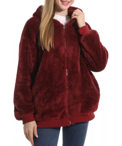 Women Fashion Jacket Zip up Hoodies Cotton Fuzzy Fleece Sherpa Coat with Pockets Burgundy $15.06 Jackets