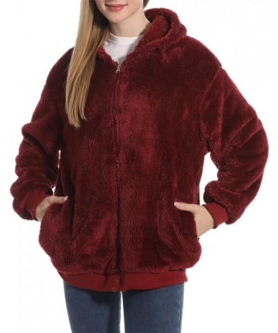 Women Fashion Jacket Zip up Hoodies Cotton Fuzzy Fleece Sherpa Coat with Pockets Burgundy $15.06 Jackets