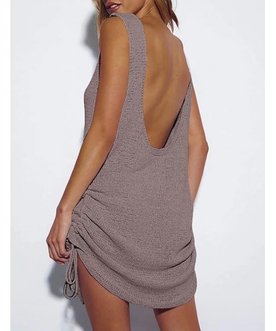 Women Crochet Cover Ups Short Knitted Tank Dress Sexy Backless Beach Cover Up B-taro Grey $14.00 Swimsuits