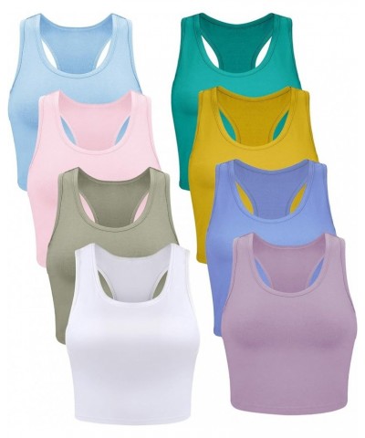 8 Pcs Women Basic Crop Tank Tops Sleeveless Racerback Crop Cotton Top Green, Yellow, Blue, Pink, White $24.77 Tanks