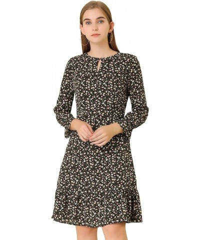 Women's Long Sleeve Printed Elastic Waist Ruffle Hem Knee Length Dress Black $13.76 Dresses