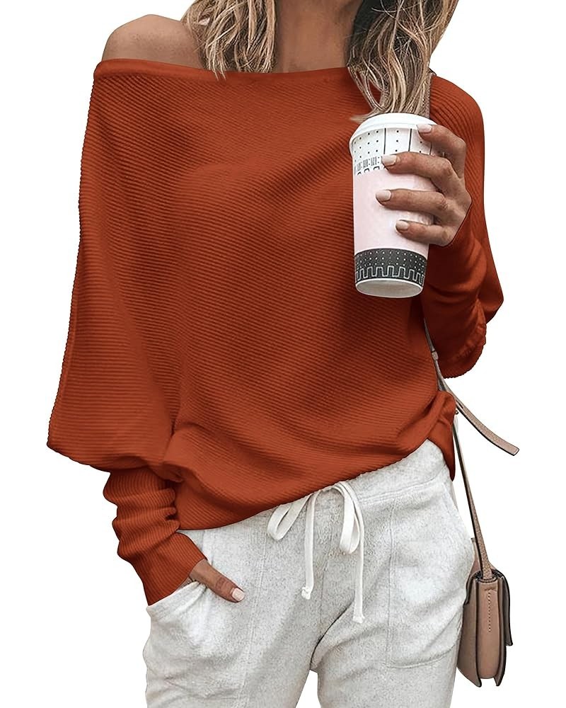 Women's Fall Sweaters 2023 Casual Long Batwing Sleeve Loose Off Shoulder Knit Pullovers Jumper Tops Solid Orange $21.12 Sweaters