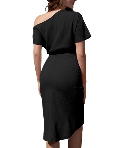 Women's One Shoulder Ruched Cocktail Bodycon Dress 2024 Sexy Short Sleeve Party Club Wrap Dresses Black $15.75 Dresses