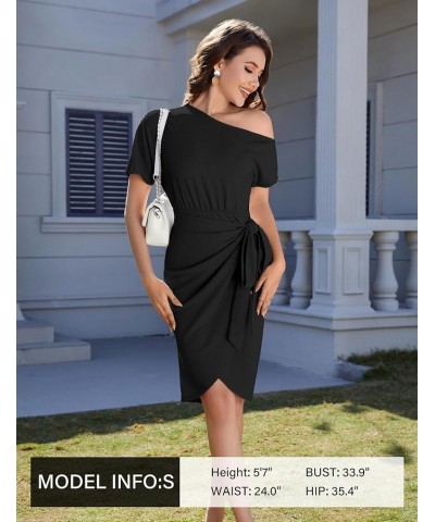 Women's One Shoulder Ruched Cocktail Bodycon Dress 2024 Sexy Short Sleeve Party Club Wrap Dresses Black $15.75 Dresses