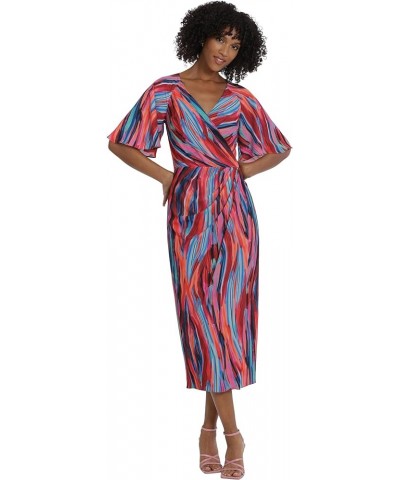 Women's Short Flutter Sleeve Faux Wrap Midi Dress Brush Strokes - Navy Blue/Burgundy $18.25 Dresses