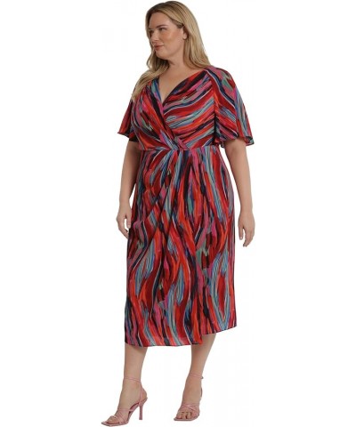 Women's Short Flutter Sleeve Faux Wrap Midi Dress Brush Strokes - Navy Blue/Burgundy $18.25 Dresses