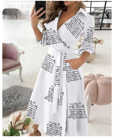 Shirt Dress for Women Lapel V Neck Wrap Button Down Long Sleeve Midi Dress Knee-Length Elegant Work Belted Party Dress Multic...