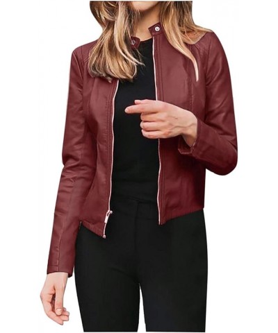 Leather Jacket for Women Slim fit Cropped Biker Coats Long Sleeve Zip up Motorcycle Jacket Wine $8.95 Coats