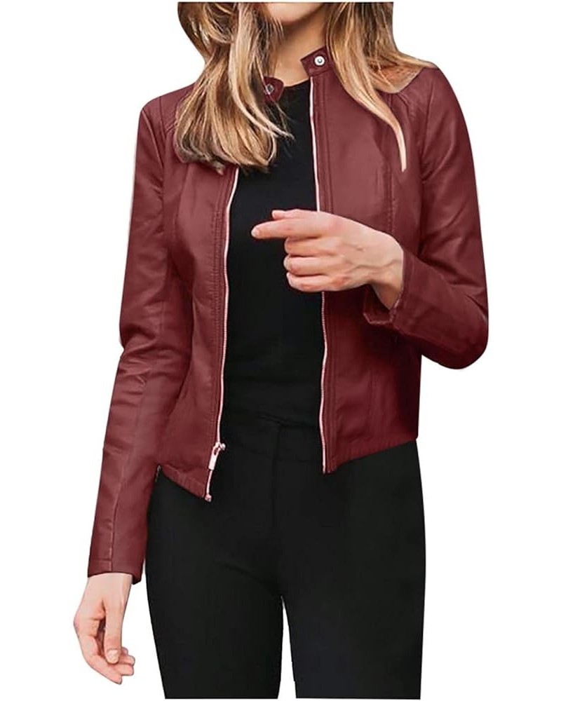 Leather Jacket for Women Slim fit Cropped Biker Coats Long Sleeve Zip up Motorcycle Jacket Wine $8.95 Coats