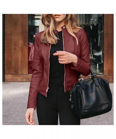 Leather Jacket for Women Slim fit Cropped Biker Coats Long Sleeve Zip up Motorcycle Jacket Wine $8.95 Coats