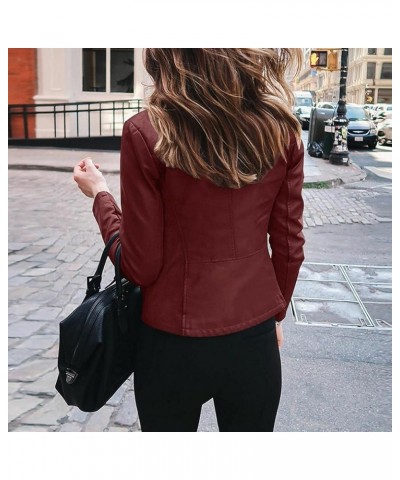 Leather Jacket for Women Slim fit Cropped Biker Coats Long Sleeve Zip up Motorcycle Jacket Wine $8.95 Coats