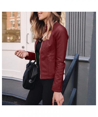 Leather Jacket for Women Slim fit Cropped Biker Coats Long Sleeve Zip up Motorcycle Jacket Wine $8.95 Coats