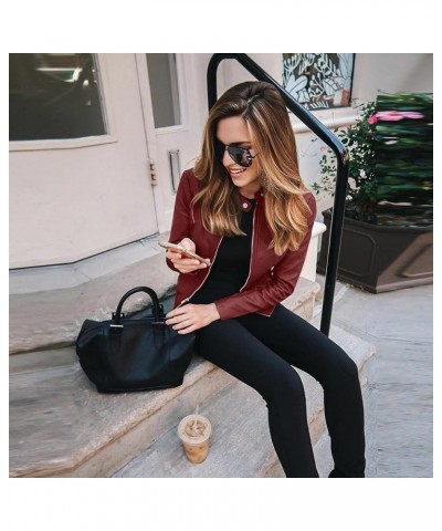 Leather Jacket for Women Slim fit Cropped Biker Coats Long Sleeve Zip up Motorcycle Jacket Wine $8.95 Coats